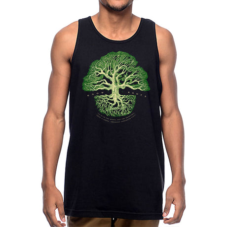 StonerDays Men's Tank featuring Know Your Roots design, black cotton, front view on model