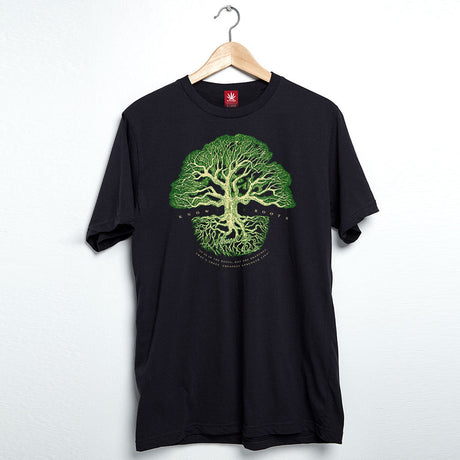 StonerDays Know Your Roots Mens Tee in black with vibrant green tree design, front view on hanger