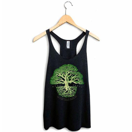 StonerDays Know Your Roots Racerback tank top in black, sizes S to XL, displayed on hanger