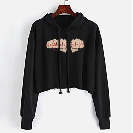 StonerDays Knuckle Up Crop Top Hoodie in black, front view on hanger, available in S to XL