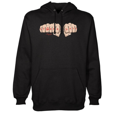 StonerDays Knuckle Up Hoodie in black, front view, sizes S-XXL, comfortable cotton blend