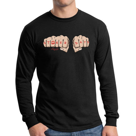 StonerDays Knuckle Up design on black long sleeve cotton shirt, front view, available in S-XXXL