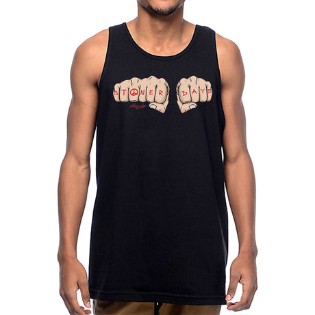 StonerDays Knuckle Up Tank for men, front view on model, sizes S to 3XL, black cotton blend