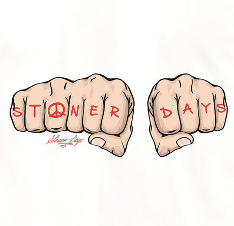 StonerDays Knuckle Up White Tee design close-up featuring clenched fists with logo