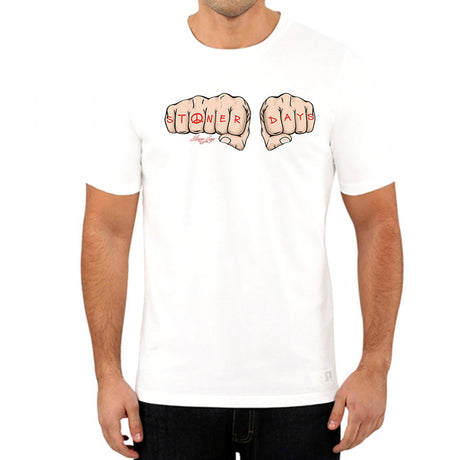StonerDays Knuckle Up White Tee front view on model, sizes S to 3XL, pure cotton material