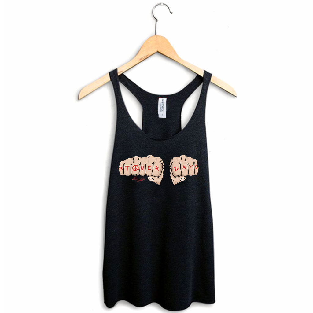 StonerDays Knuckle Up Women's Racerback Tank Top, Black Cotton Blend, Front View on Hanger