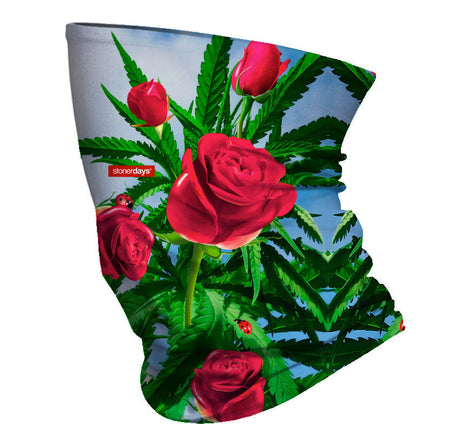 StonerDays Kush And Roses Neck Gaiter featuring vibrant red roses on a cannabis leaf background