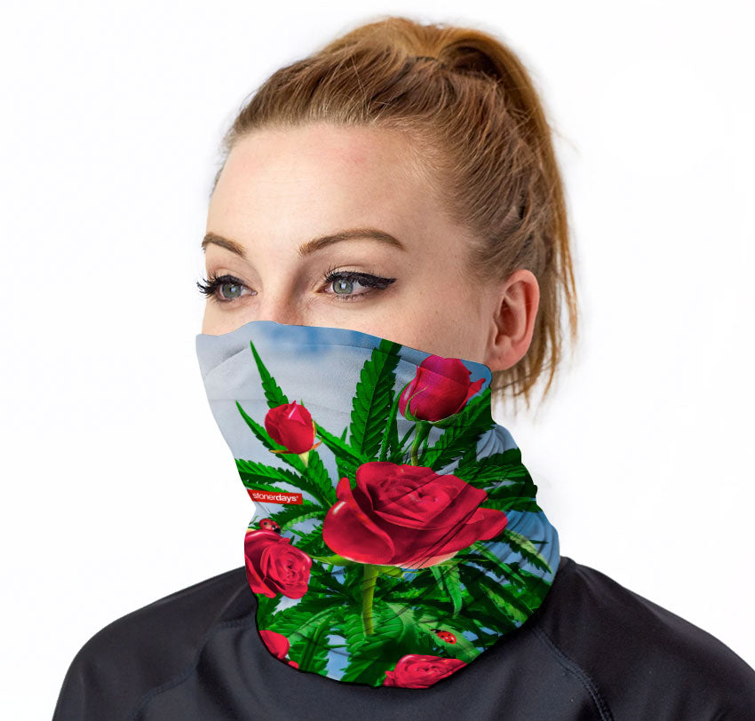 StonerDays Kush And Roses Neck Gaiter featuring vibrant cannabis leaves and red roses design, front view.