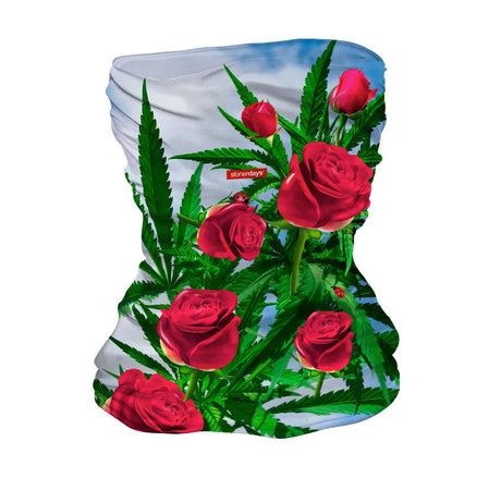 StonerDays Kush And Roses Neck Gaiter featuring vivid cannabis leaves and red roses design, one size fits all