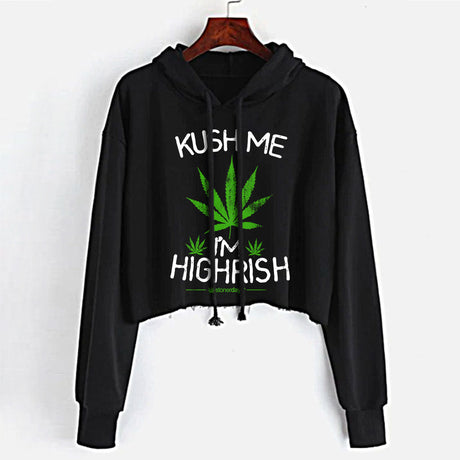 StonerDays Kush Me I'm Highrish Crop Top Hoodie in black with green print, front view