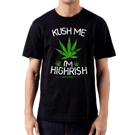 StonerDays 'Kush Me I'm Highrish' T-shirt in black with green print, front view, available in multiple sizes.