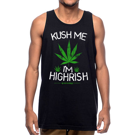 StonerDays Kush Me I'm Highrish Tank top in black with green cannabis leaf design, front view on model