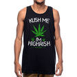 StonerDays Kush Me I'm Highrish Tank top in black with green cannabis leaf design, front view on model