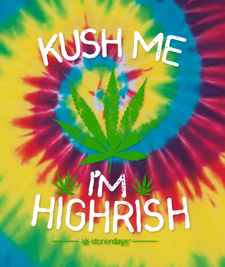 StonerDays Kush Me I'm Highrish tie-dye t-shirt in blue and green colors, front view on a white background
