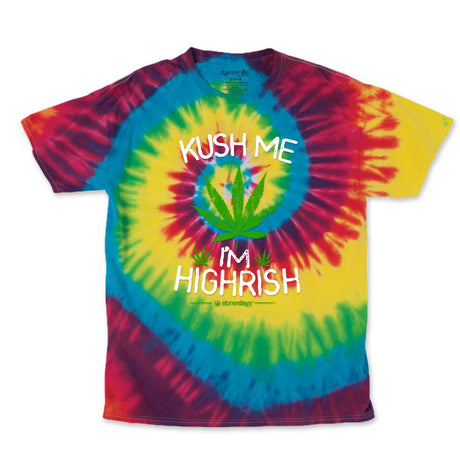 StonerDays 'Kush Me I'm Highrish' tie-dye t-shirt in blue and green, available in multiple sizes.