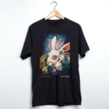 StonerDays Late Again men's black cotton t-shirt with rabbit graphic, front view on hanger
