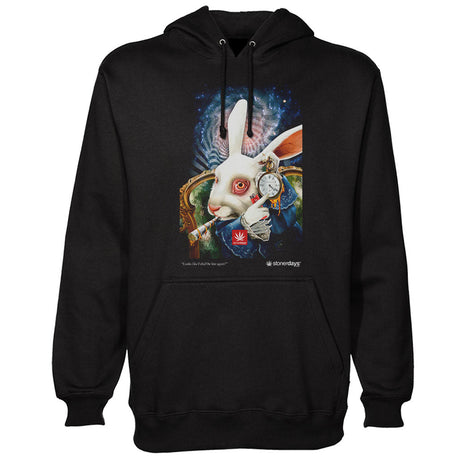StonerDays Late Again Hoodie in black with rabbit graphic, front view, sizes S to XXL