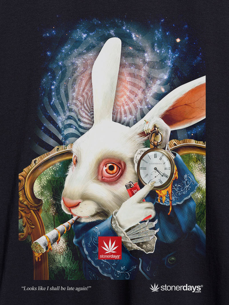 StonerDays Late Again Long Sleeve shirt featuring a rabbit with a clock, front view on a black background.