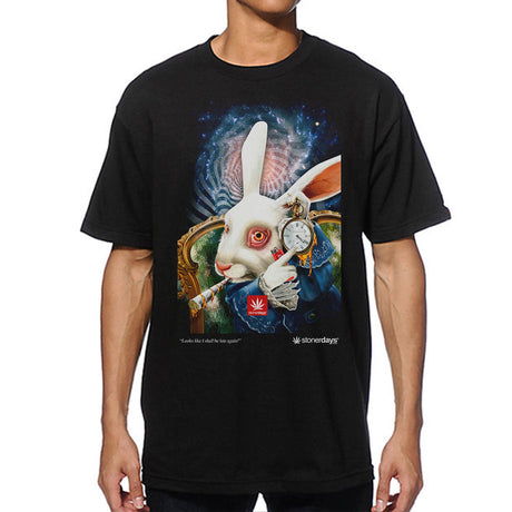 StonerDays Late Again men's black cotton t-shirt with psychedelic rabbit graphic, front view