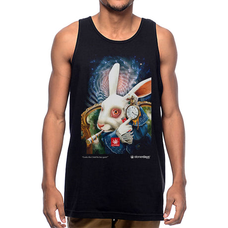 StonerDays Late Again Tank for Men, featuring a psychedelic rabbit design, available in sizes S to XXXL.