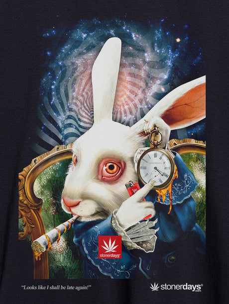 StonerDays Late Again Women's Racerback featuring whimsical rabbit with clock design, close-up view.