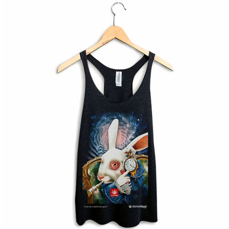 StonerDays Late Again Women's Racerback Tank Top with Surreal Rabbit Graphic, Sizes S-XXL