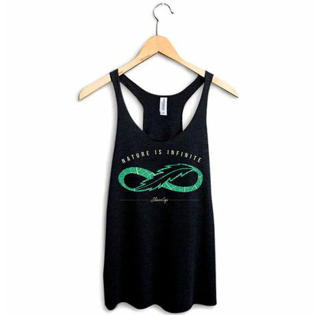 StonerDays Leafinity Racerback tank top in black, with green leaf design, for women, front view on hanger