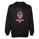 StonerDays Legalize America Hoodie in black, front view, with bold graphic design, size options up to 3X Large.