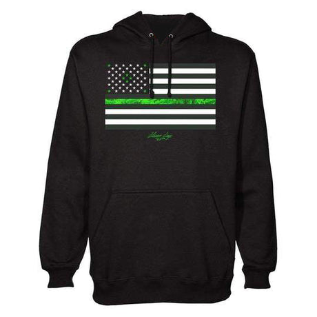 StonerDays Legalize Freedom Hoodie in black with green-striped American flag design, front view