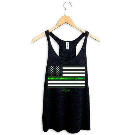 StonerDays Legalize Freedom Racerback tank top, front view on hanger, USA flag with cannabis leaf design