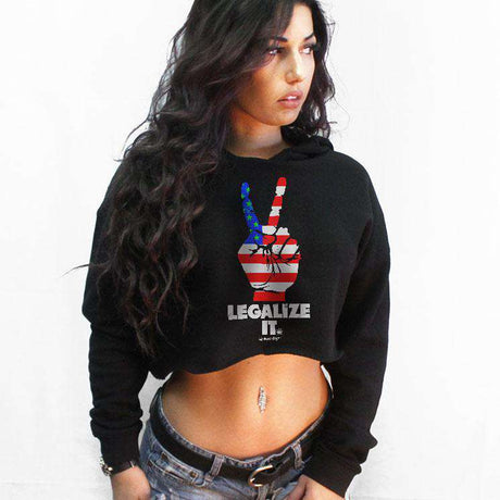 StonerDays Legalize It Cropped Hoodie in black cotton, front view on model