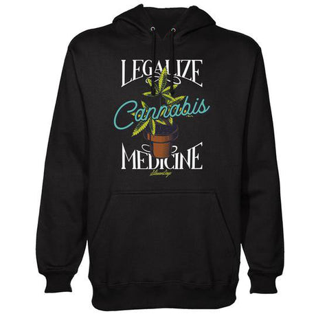 StonerDays Legalize Medicine black hoodie with cannabis graphic, front view on white background