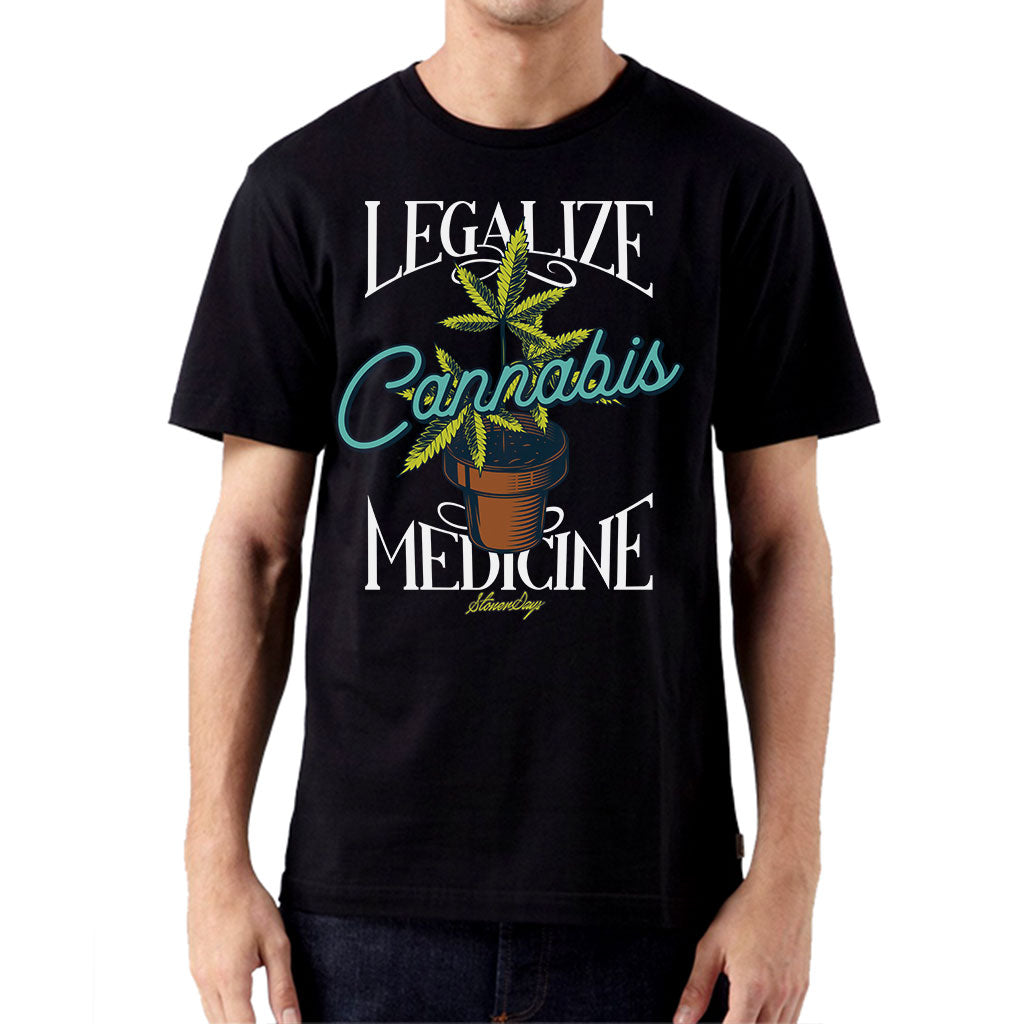 StonerDays Legalize Medicine Tee, black cotton t-shirt with cannabis design, sizes S to 3XL