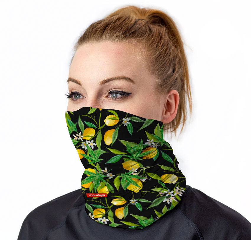 StonerDays Lemon Kush Neck Gaiter with vibrant citrus design, front view on model