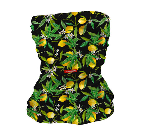 StonerDays Lemon Kush Neck Gaiter featuring vibrant citrus and cannabis leaf design on black polyester