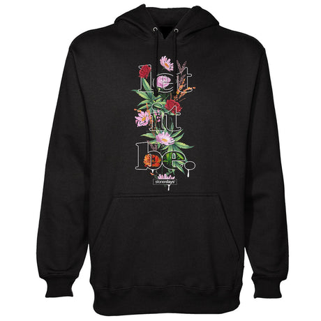 StonerDays Let It Be Hoodie in black, front view with colorful botanical design, sizes S to XXL