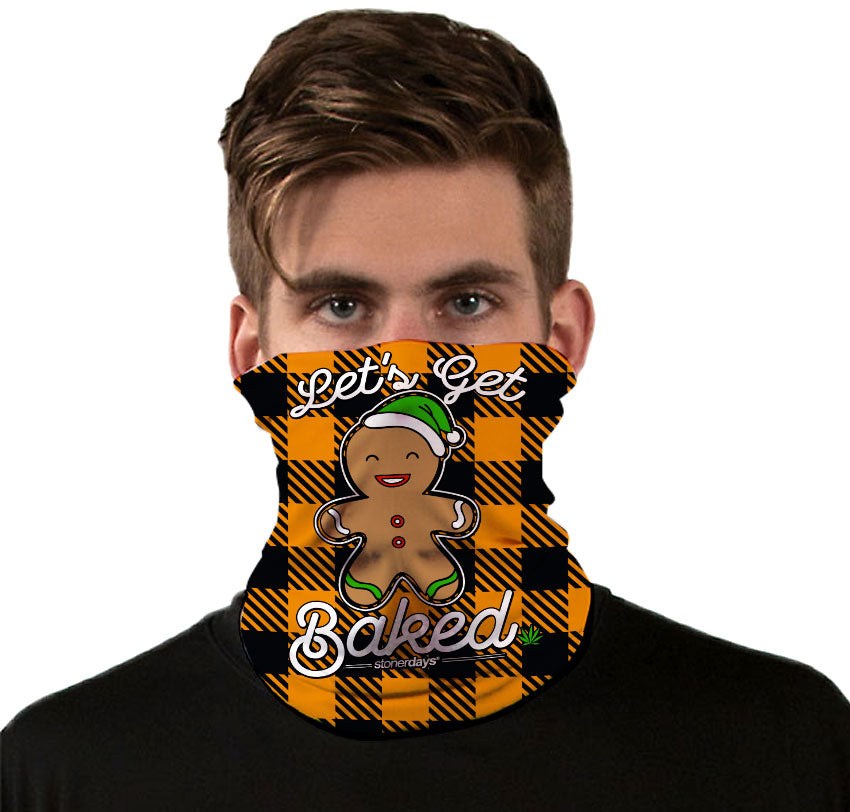 StonerDays Lets Get Baked Gingerbread Gaiter on model, front view, with festive design