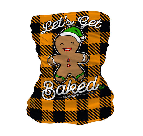 StonerDays 'Let's Get Baked' Gingerbread Gaiter in black and orange with festive design, front view