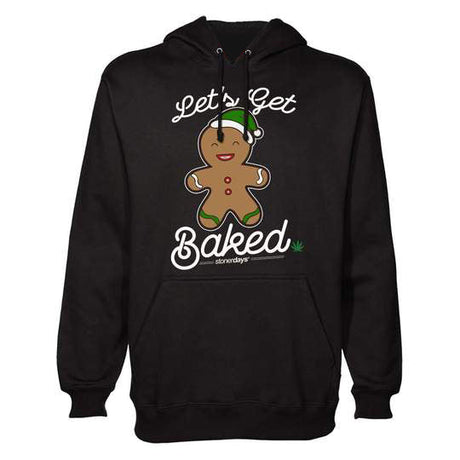 StonerDays Let's Get Baked Hoodie in black, front view, featuring a cartoon gingerbread and cannabis leaf design