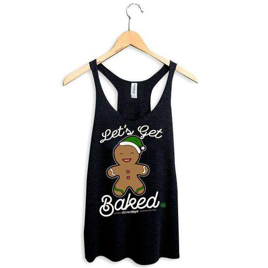 StonerDays 'Let's Get Baked' women's racerback tank top in black, sizes S-XXL, front view on hanger