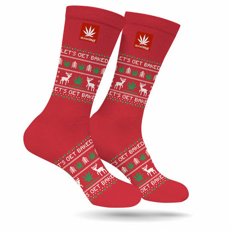 StonerDays Let's Get Baked Ugly Christmas Socks in red with festive cannabis leaf patterns