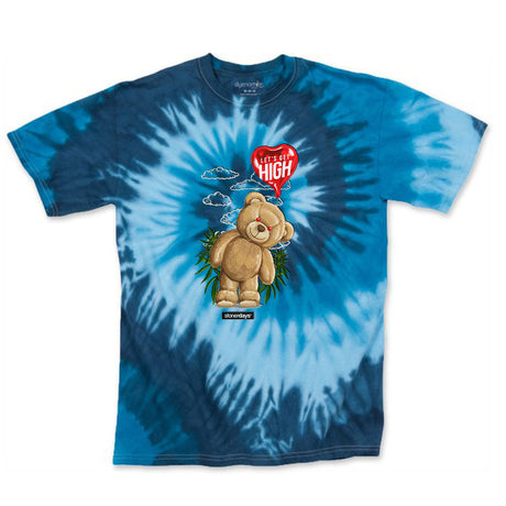 StonerDays Heady Bear T-Shirt in Blue Tie Dye with 'Let's Get High' slogan, front view on white background