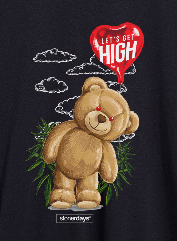 StonerDays men's tank featuring Heady Bear graphic with 'Let's Get High' balloon, front view on black
