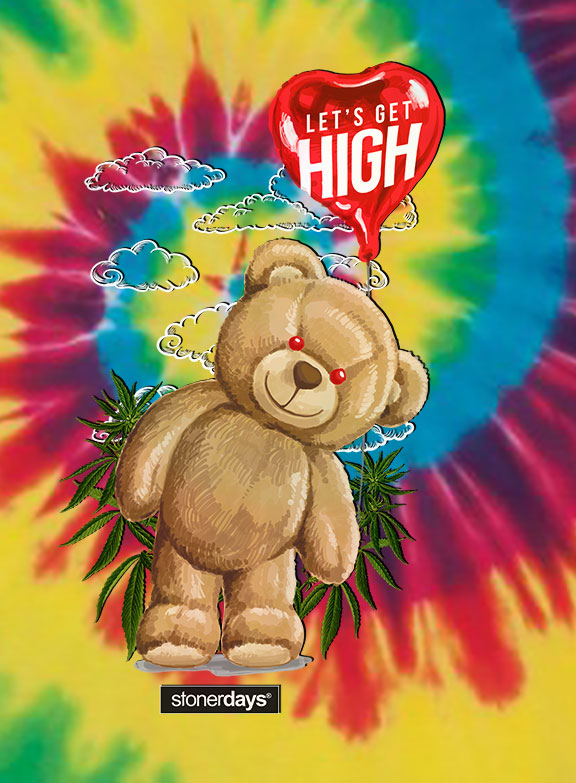 StonerDays Heady Bear Tee with vibrant tie dye design and 'Let's Get High' balloon graphic