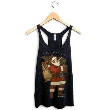 StonerDays 'Let's Get Lit' Stoney Santa Racerback tank top in brown, front view on hanger