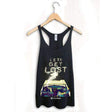 StonerDays Lets Get Lost Tank Top, women's black cotton blend tank with graphic design, front view on hanger