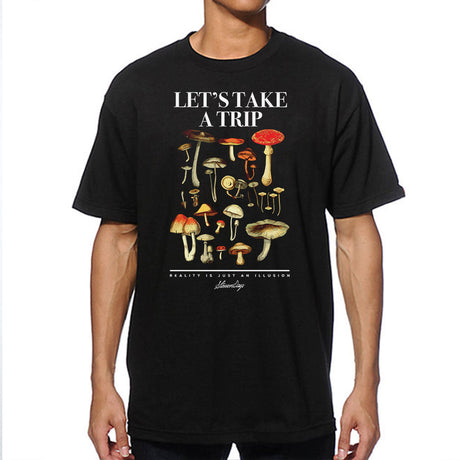 StonerDays 'Let's Take A Trip' black t-shirt with psychedelic mushroom design, front view on male model