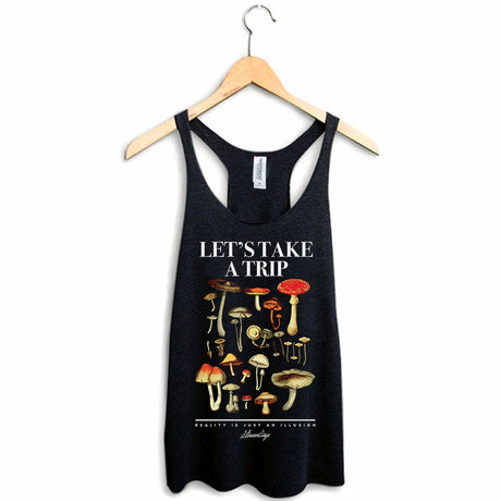 StonerDays 'Let's Take A Trip' Women's Racerback Tank Top in Teal, Front View on Hanger