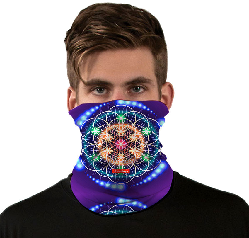 StonerDays Life Force Neck Gaiter with vibrant psychedelic design, front view on model