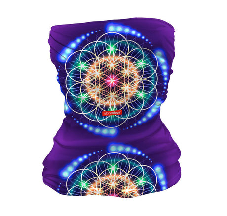 StonerDays Life Force Neck Gaiter featuring vibrant psychedelic patterns on a purple background, front view.